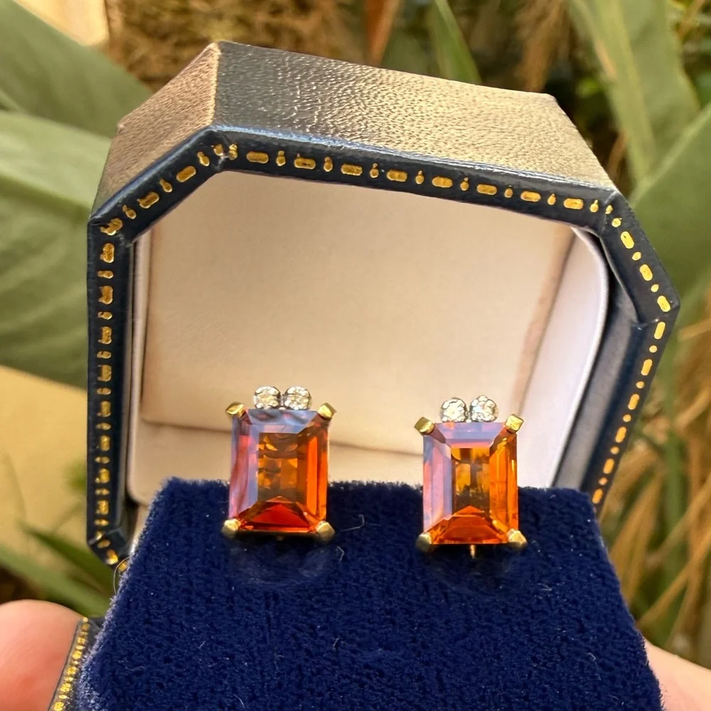 Solid 18K gold Madeira citrine natural diamond screw back earrings - Picture 1 of 12